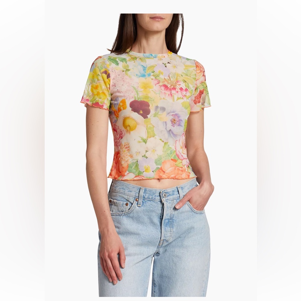 Alice + Olivia Delaina lettuce edge crop floral top women size Medium NWT